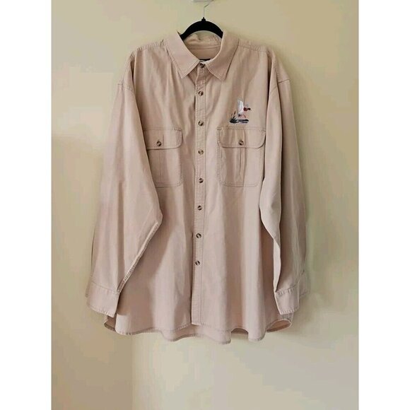 Cabelas Shirt Mens 3XLT Beige LS Embroidery Button Up Pockets Outdoor VTG FLAWS - Picture 11 of 12